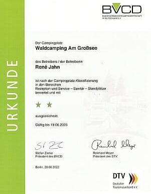 Urkunde-BVCD-DTV-Waldcamping-Großsee-Klassifizierung